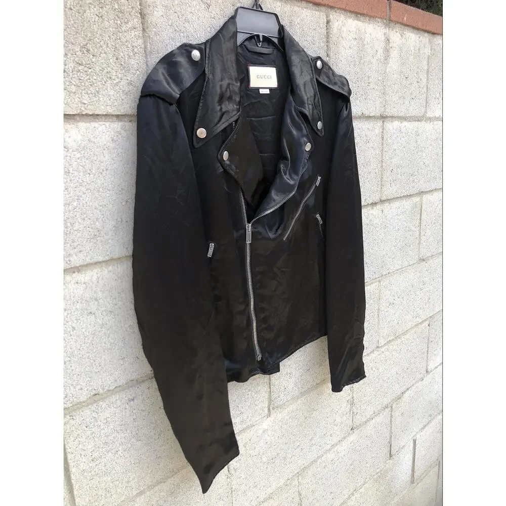 GUCCI Guccy Farmacia Embroidery Satin Biker Jacket Black Sz 44